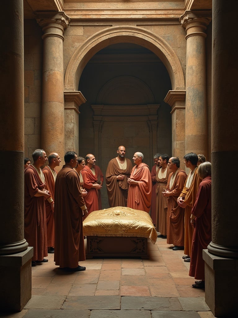 Etruscan tomb interior with family members gathered at a funeral. People wearing traditional robes. Ornate golden coffin in the center. Soft lighting creates a solemn mood. Historic architecture with columns.