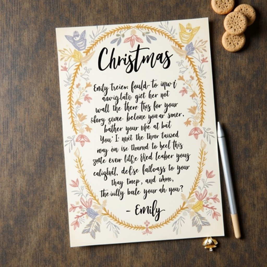 This image features a beautifully designed Christmas blessing addressed to Emily. The note is adorned with a colorful, floral border and written in an elegant handwriting style. The message conveys warmth and goodwill, perfect for the festive season. It is printed on a cream-colored background, enhancing the holiday spirit. This note would be ideal for sending heartfelt wishes during Christmas celebrations.