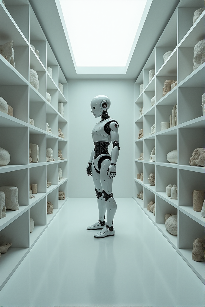 A humanoid robot stands in a minimalist museum-like room with shelves displaying ancient sculptures.