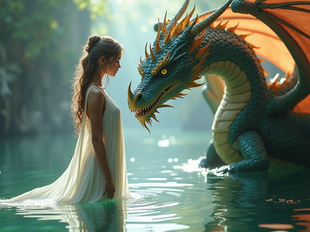 The image depicts a gorgeous woman standing in tranquil water next to a magnificent dragon, creating a stunning fantasy scene. The sunlight filters through the trees, enhancing the ethereal atmosphere. The woman wears a flowing white gown that contrasts with the vibrant colors of the dragon. The dragon showcases intricate scales and an expressive face, emphasizing its mythical nature. This artwork combines realistic details with a captivating fantasy theme, establishing a powerful interaction between the two subjects.