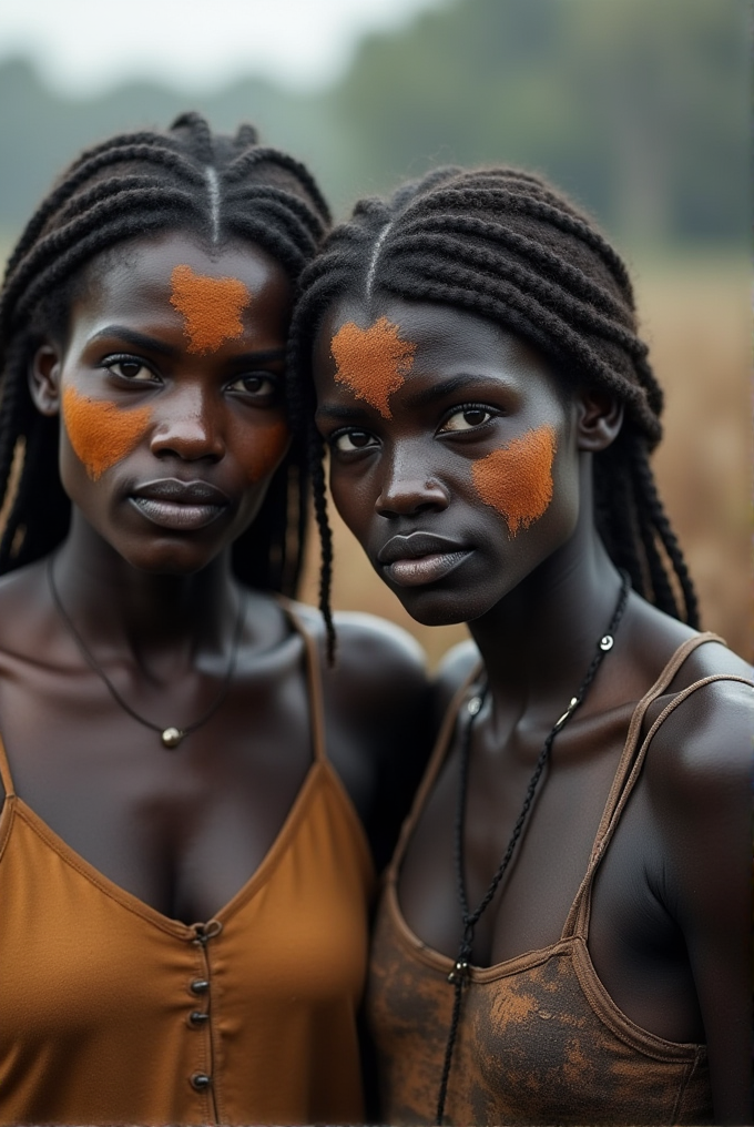 Two women with orange face paint stand closely together against a blurry background.