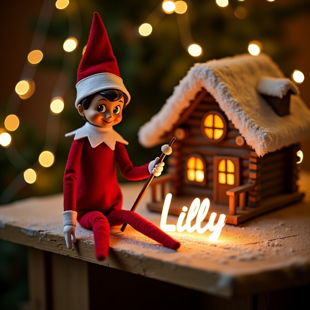 An enchanting Christmas scene features an elf adorned in red and white clothing, with a classic pointed hat. The elf sits beside a cozy log cabin, holding a magical wand and writing the name 'Lilly' in glowing script. The background is illuminated with twinkling lights and breathtaking northern lights, adding to the festive cheer. This whimsical setting captures the essence of the holiday season. The overall mood is joyful and magical, perfect for spreading Christmas cheer.