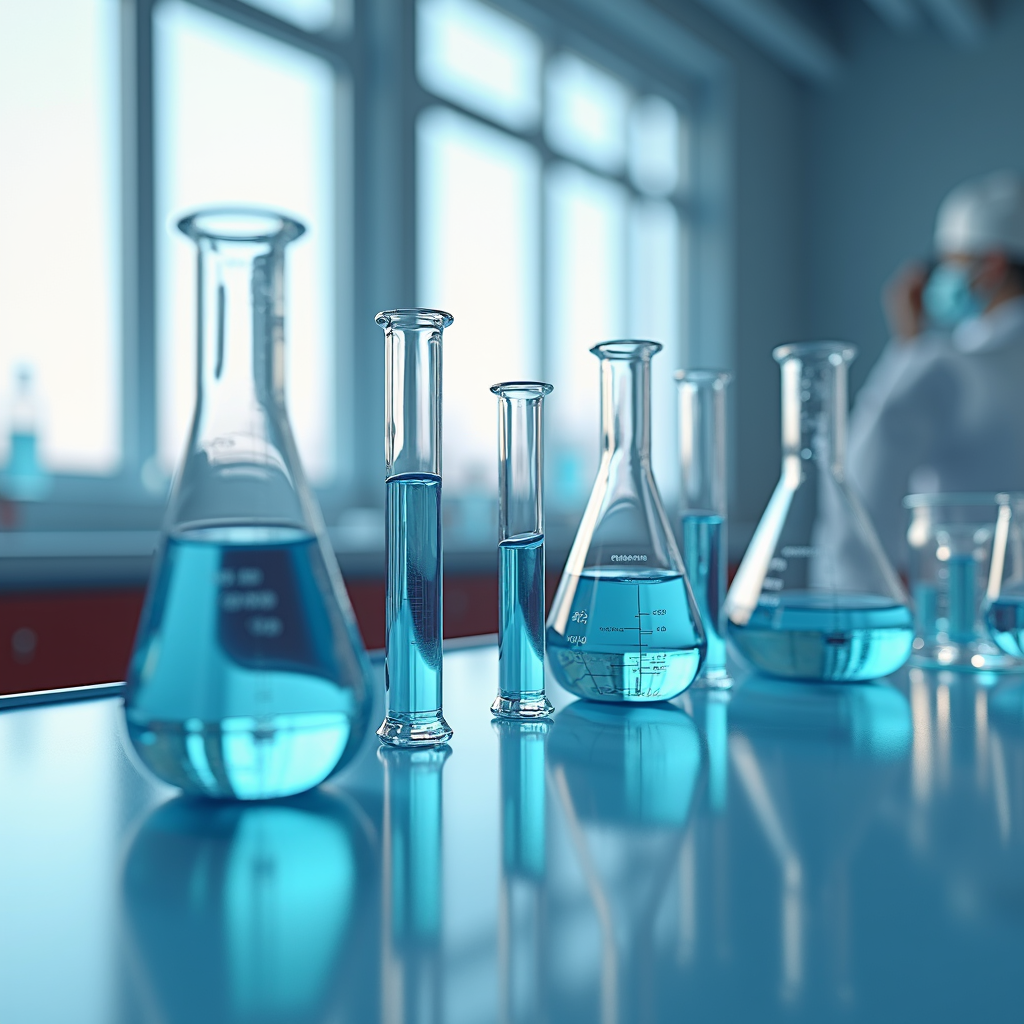 The image shows a laboratory setup with various glass beakers filled with blue liquid.