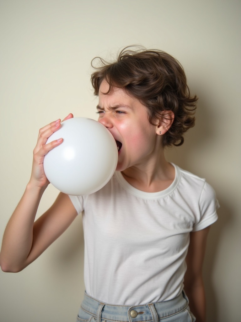 Playful scene with a person interacting with a white balloon in a fun way. The setting has a soft light background and a playful atmosphere.