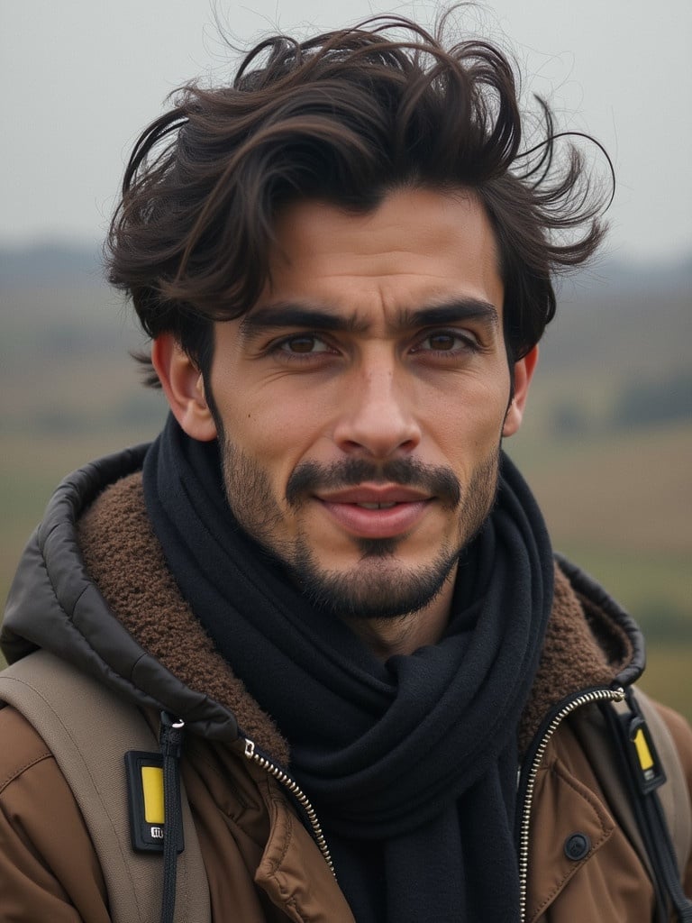 A man with unkempt hair stands in a natural landscape. He is wearing warm clothing suitable for outdoor activities. The background is slightly blurred. The lighting is soft and natural, suggesting an overcast day.