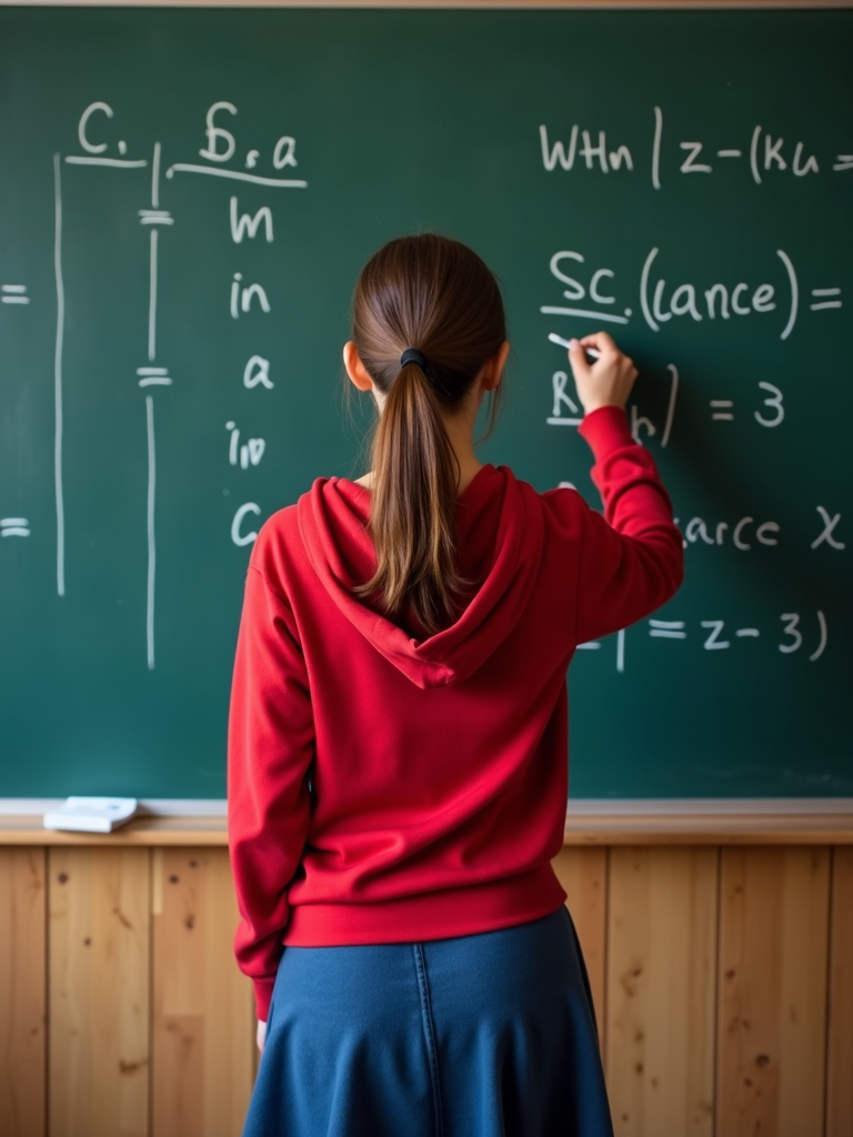 A person in a red hoodie writes mathematical equations on a chalkboard.