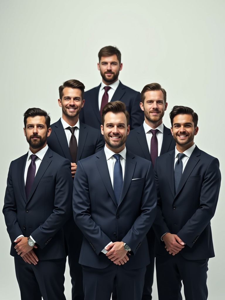 Group of six business men arranged in a triangular formation. Two men in the front, four men behind them. All men looking forward. Each man in a formal pose with different expressions. All wearing suits and ties.