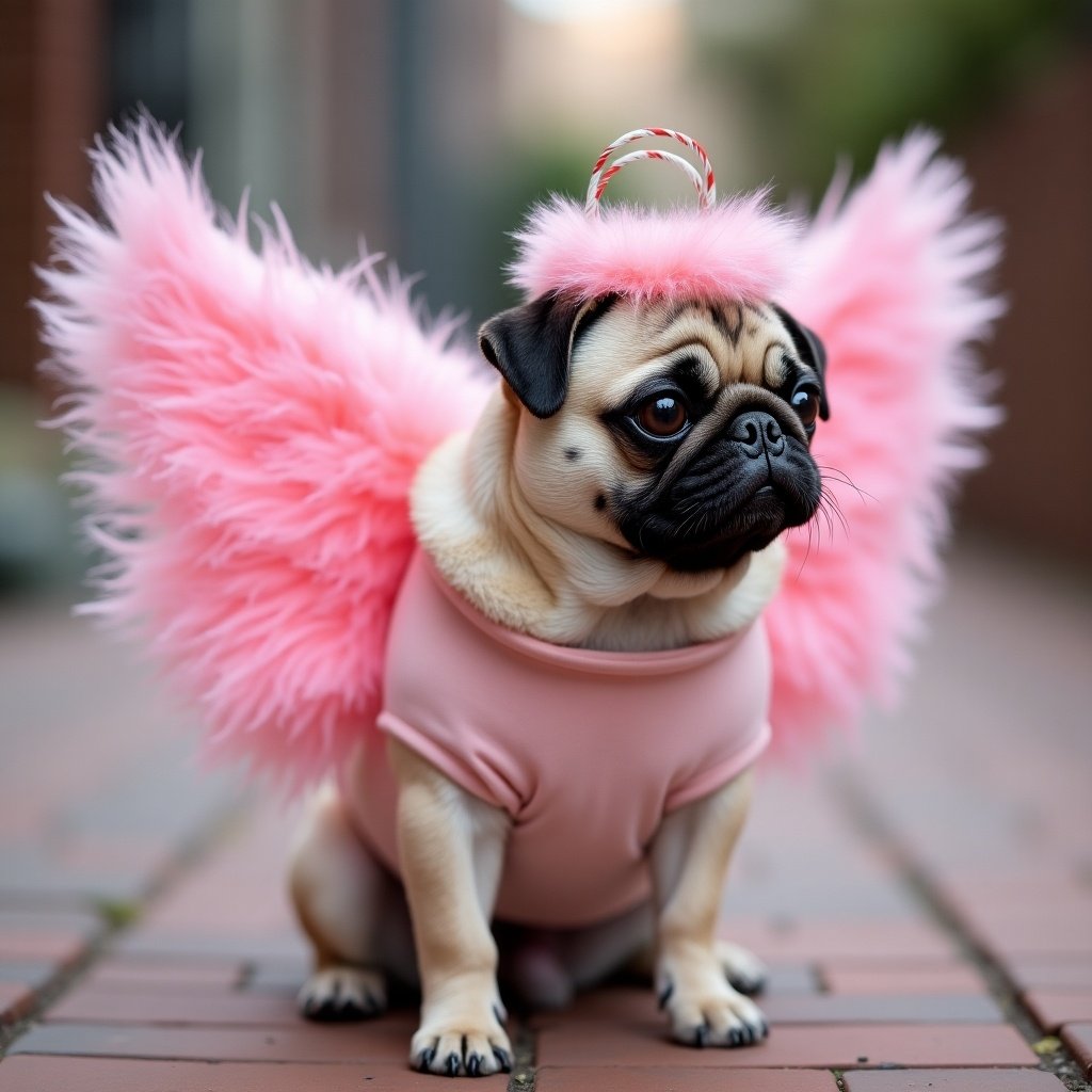 Pug wearing pink angel wings. Dog in a pink outfit with fluffy wings. Styled for a photoshoot. Cute and whimsical setting.