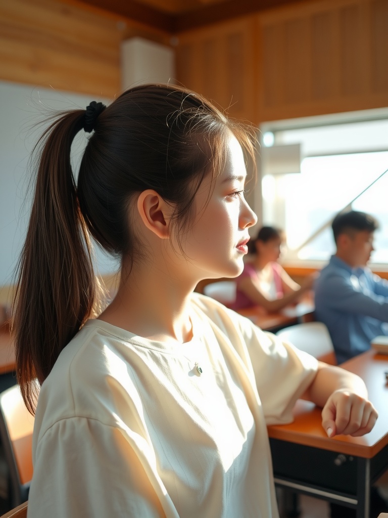 A young woman in a classroom gazes thoughtfully out of a sunlit window.