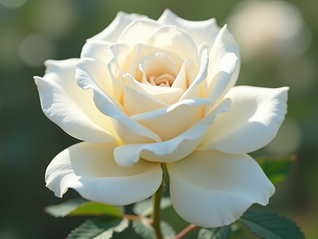 This image captures a close-up of a delicate white rose in full bloom, with petals softly layered and curling gracefully. The background is a softly blurred green, enhancing the purity and simplicity of the rose. The lighting is high-key, highlighting the soft texture and gentle curves of the petals.