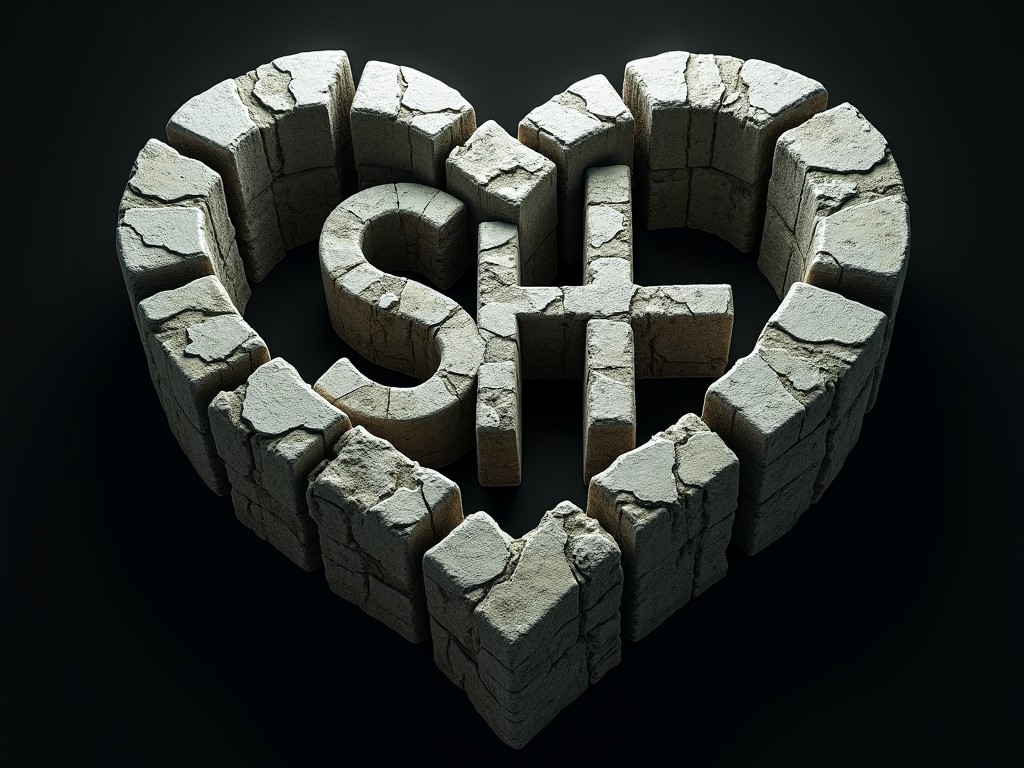 The image depicts a heart-shaped structure made of cracked and weathered stone blocks, with the letters 'S' and 'H' at the center. The stony texture and cracks give it an aged appearance, while the dark background creates a dramatic contrast, highlighting the rugged yet artistic design.