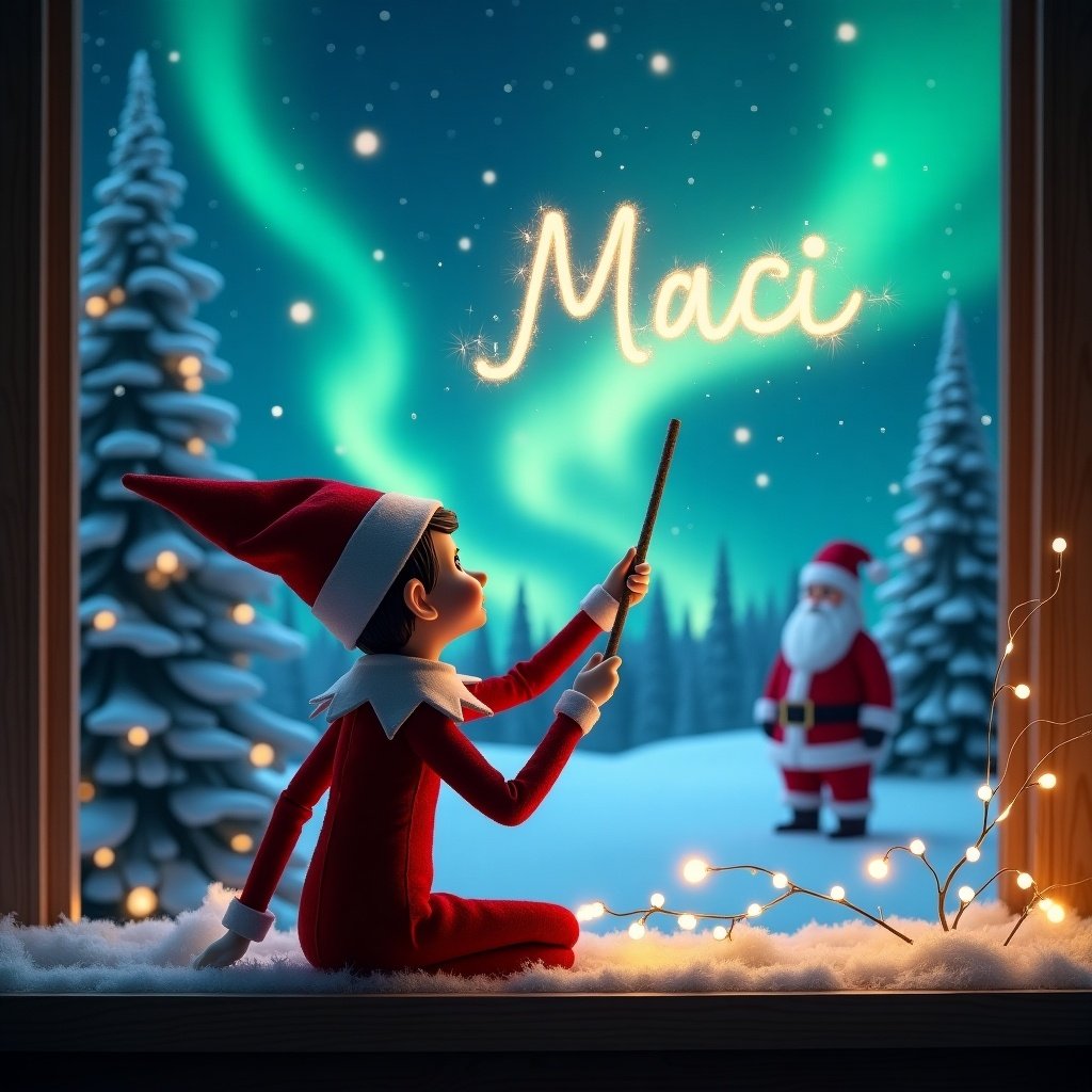 Elf on the shelf gazes at night sky while writing 'Maci' with a wand. Snow-covered trees and northern lights create a magical backdrop. Santa Claus visible in the distance. Holiday cheer and wonder in atmosphere.