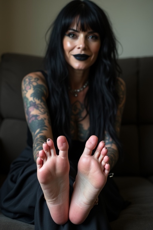 Image features a mature goth woman with long black hair. She has black lips and shows tattooed soles of bare feet. She is sitting on a couch and smiling.