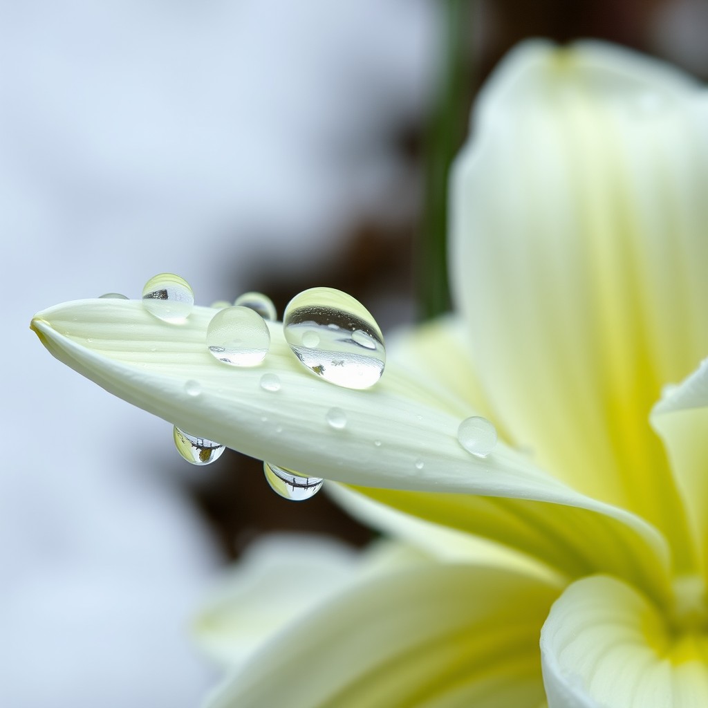 Water droplets rest delicately on a soft, pale yellow flower petal.