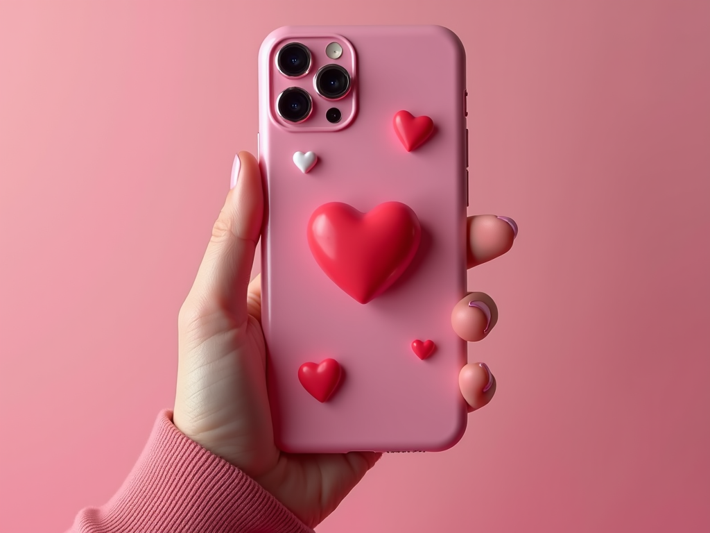 A hand holds a smartphone with a pink case adorned with red heart shapes.