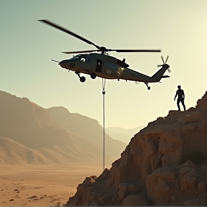 A helicopter hovers with a rope above a rocky desert landscape as a person stands on a cliff edge, silhouetted against the hazy mountains.