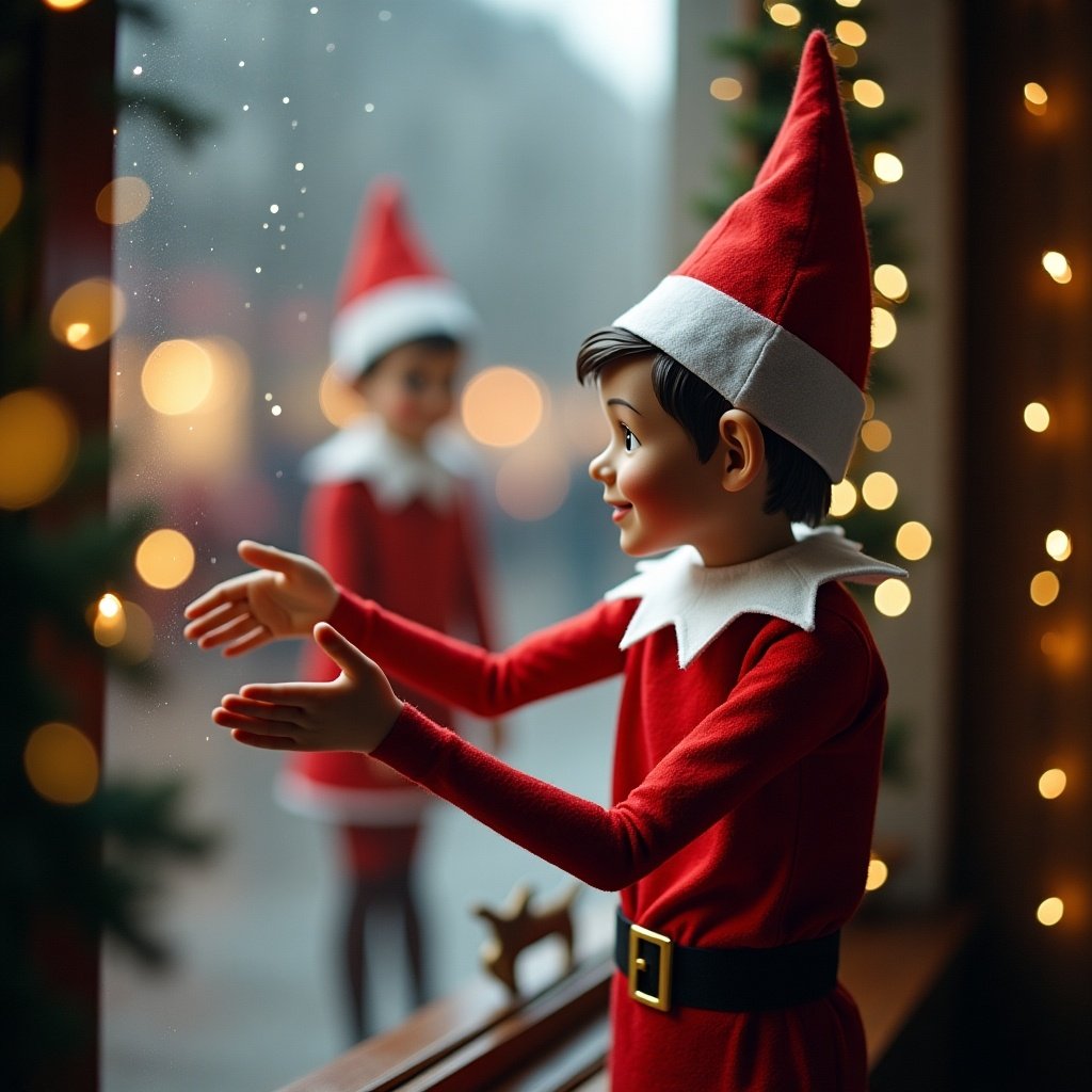 Elf waving farewell before departing to North Pole. The elf is dressed in a red outfit with white details. Soft warm lighting highlights the scene. A cozy indoor setting with festive decorations is visible through the window.