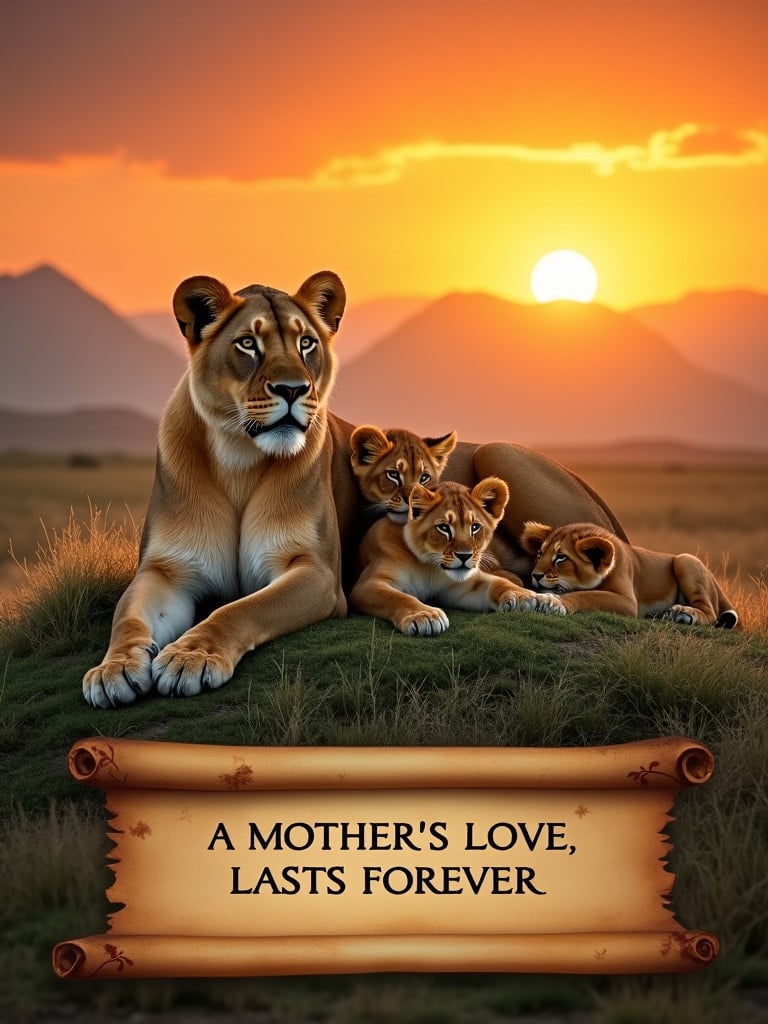 Lioness laid with three cubs during sunset. Mountains are in the background. A scroll displays the text about a mother's love.