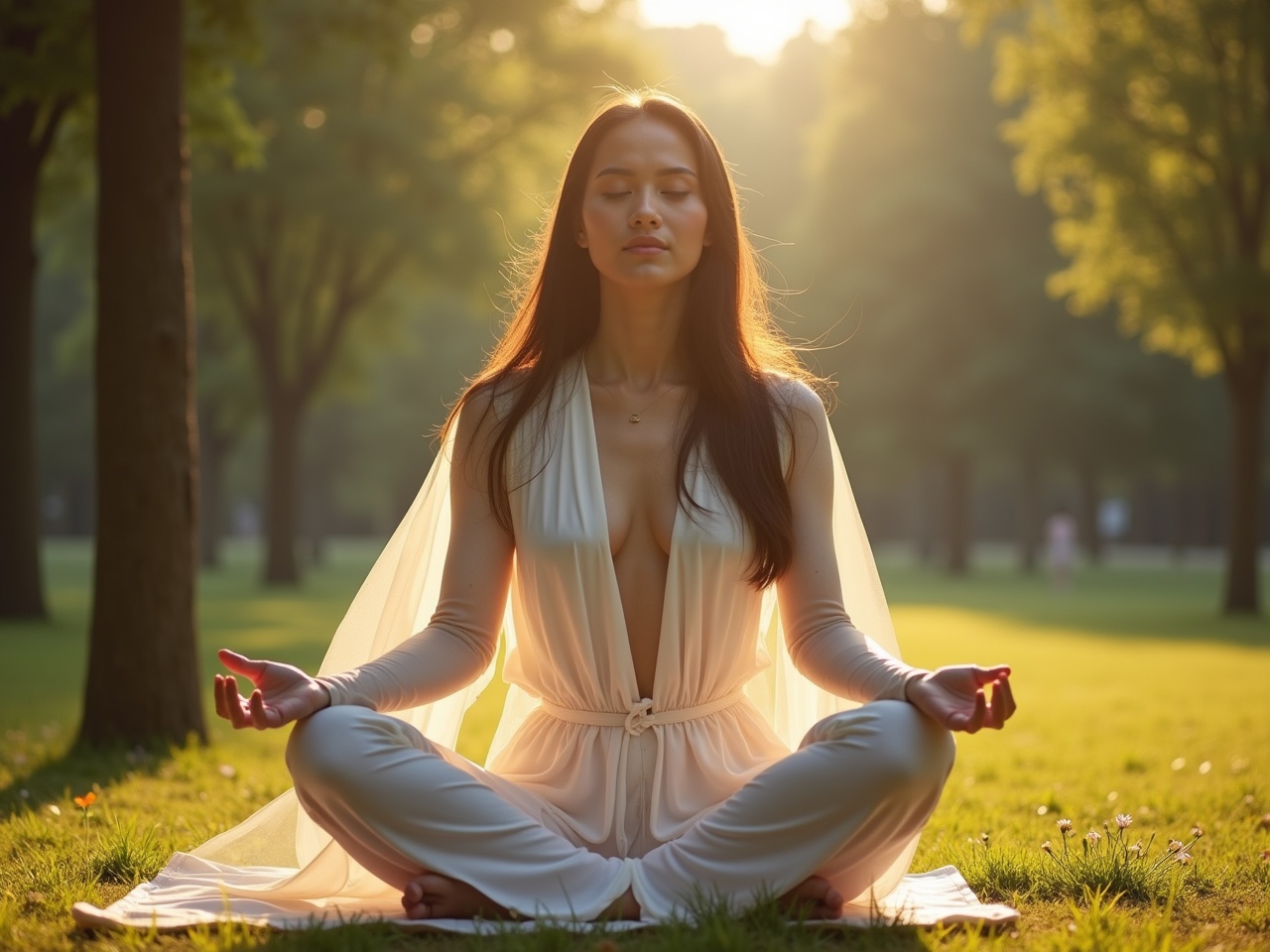 A young Asian woman sits in a yoga position in a serene park, surrounded by trees in the background. She has her eyes closed, embodying a sense of peace and letting go, inspired by Afro-futurism. The scene captures the essence of Arcane Tarot, with soft, transparent celestial light gels illuminating her figure. The setting is well-composed following the law of thirds, bathed in sunny weather that enhances the clean aesthetic. The environment feels almost medical in its purity, suggesting healing and tranquility. Overall, the light has a godly quality, creating an inviting and meditative atmosphere.