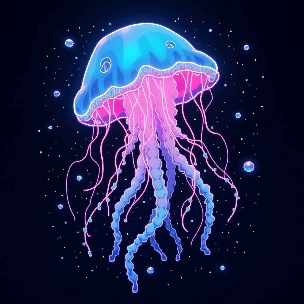 Vivid illustration of a jellyfish featuring flowing neon lines of blue and pink against a dark background. The image evokes movement and energy with intricate tentacles.