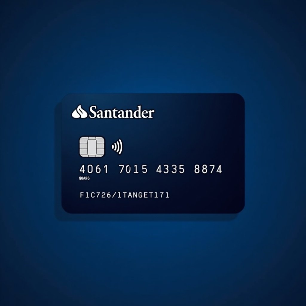 Image features a modern credit card design. Dark blue background. Bank name is Santander. Card details include card number 4061 7015 4335 8874. Expiration date is 11/26. Card has a chip and a wireless payment symbol. Design is elegant and professional for finance advertisements.