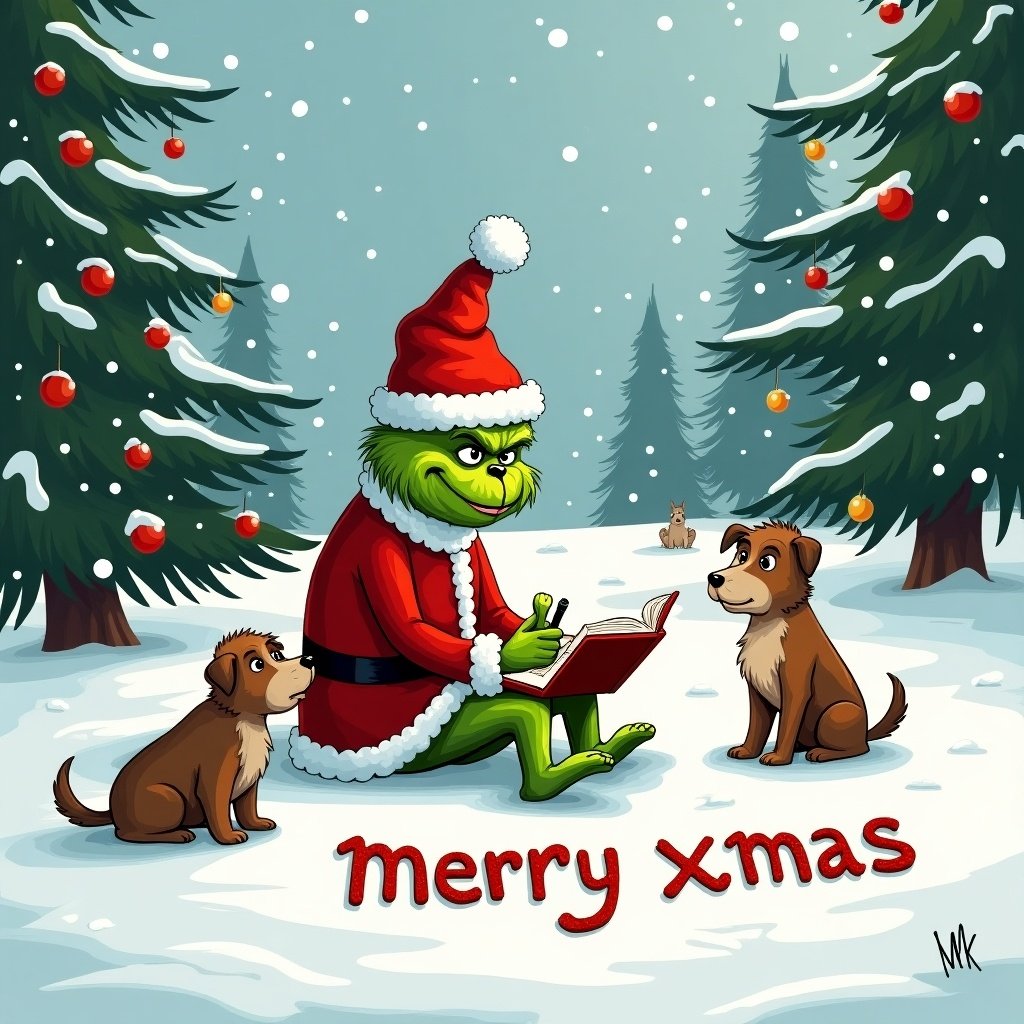 Whimsical winter scene features a Grinch in a red Santa outfit. Two dogs and a small cat nearby. Snow-covered ground with Christmas trees. Snowflakes fall around. Grinch writes 'merry xmas' in the snow. A blend of humor and warmth for holiday joy. Grinch sits in snow while writing in a book. Mood combines mischief and holiday cheer.