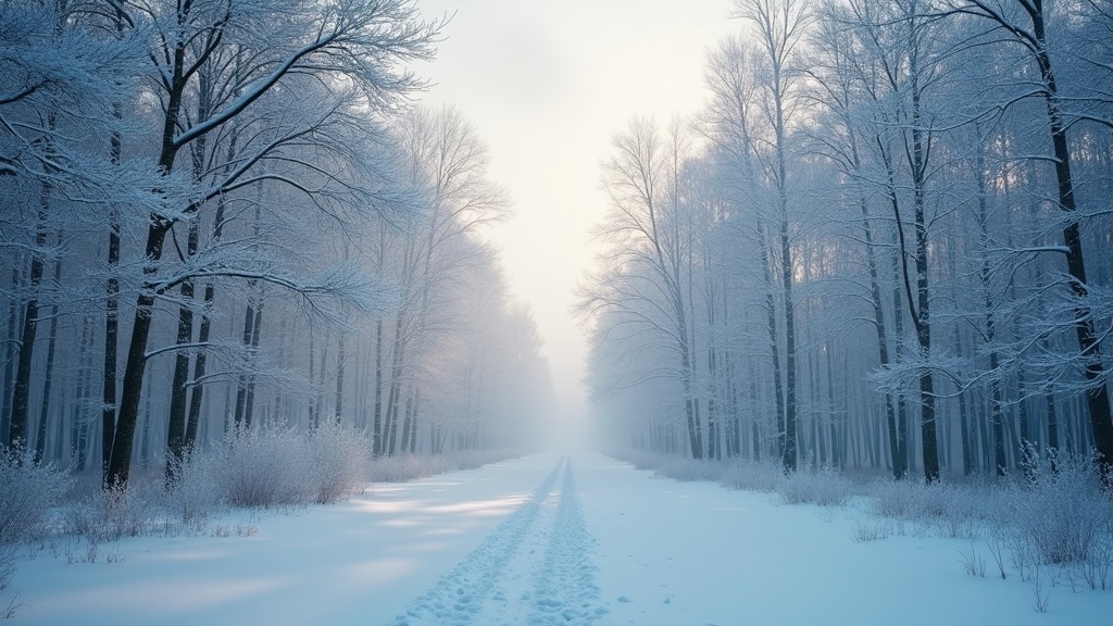 This image captures a serene winter landscape featuring a path through a snow-covered forest. The trees are adorned with a layer of fresh snow, dyed white by the winter's touch. Soft light fills the scene, creating a magical atmosphere that evokes tranquility. There are gentle flakes of light snow falling in the background, adding to the winter charm. This picturesque view makes you want to step into the scene and enjoy the beauty of a winter wonderland.