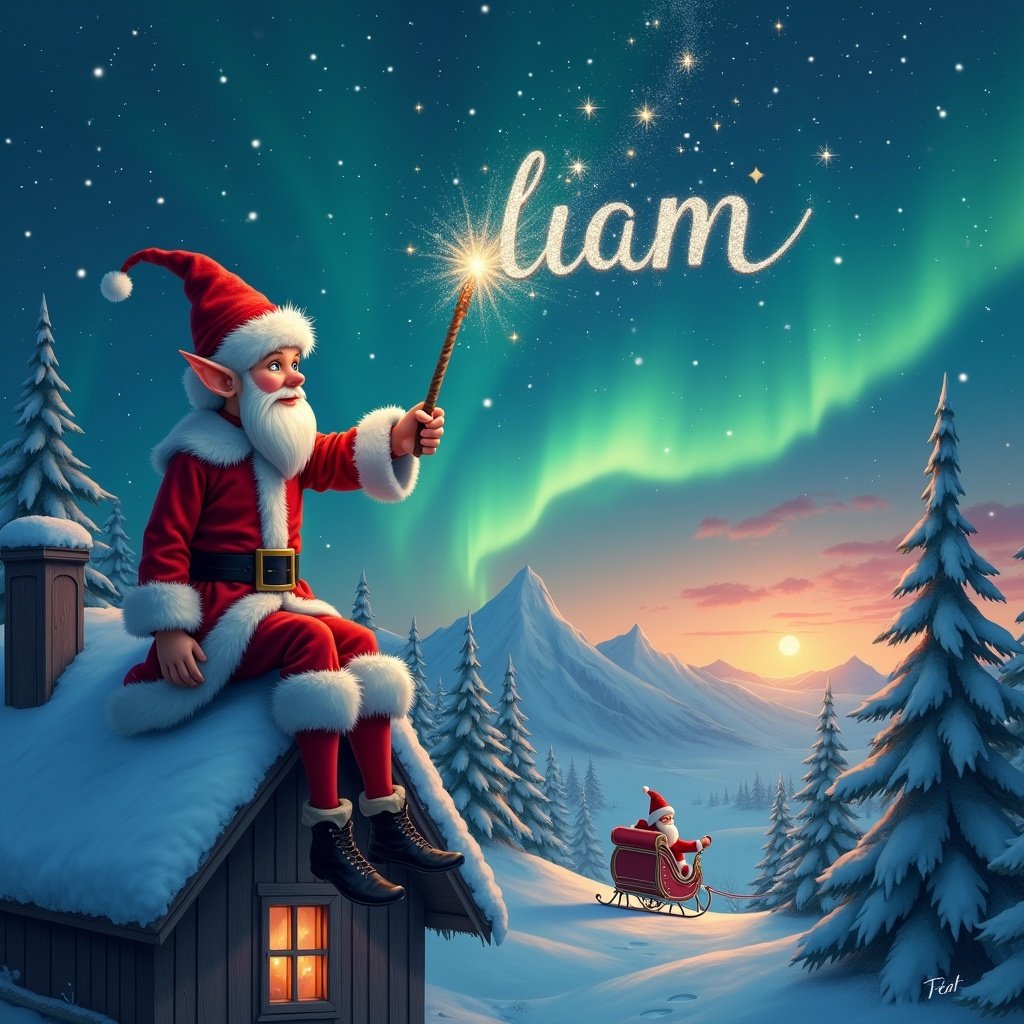 Elf with a magic wand writes ‘Liam’ in the night sky. Background features Christmas elements like Santa Claus and northern lights. Cozy and festive atmosphere.