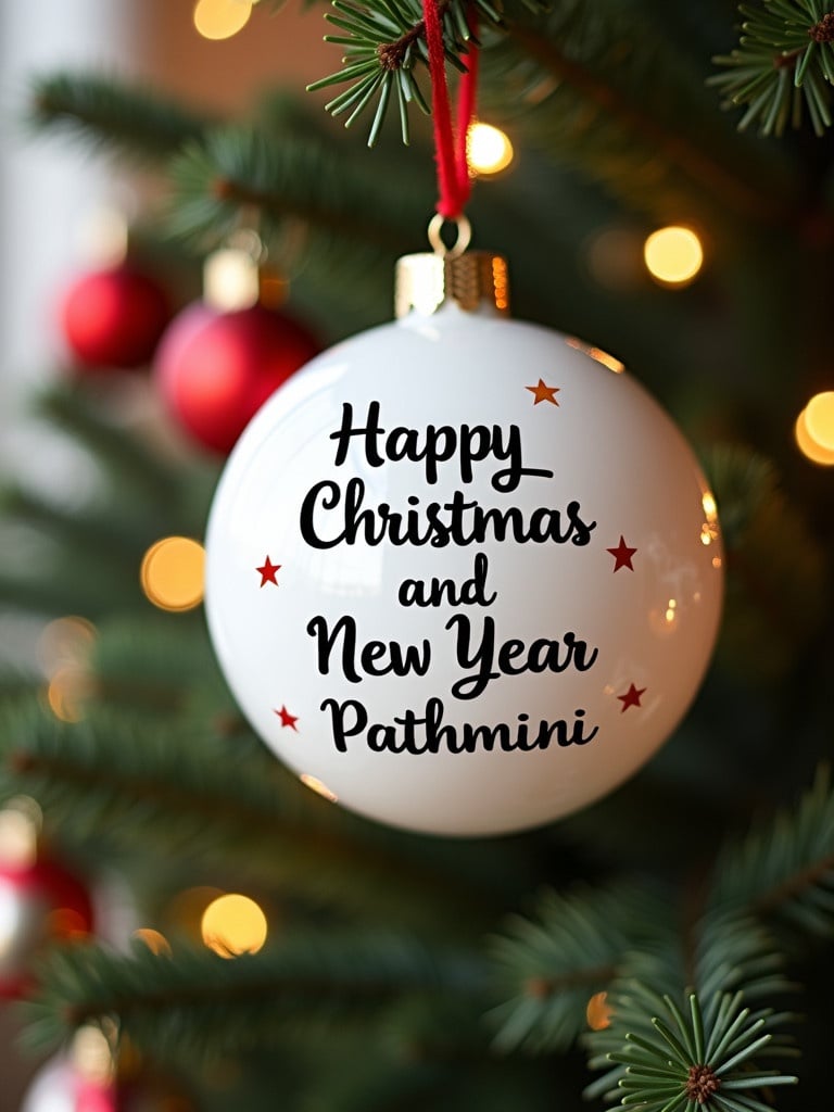 A white Christmas bauble features the text Happy Christmas and Happy New Year followed by a name, Pathmini. The bauble is hanging on a decorated Christmas tree with lights and festive ornaments.