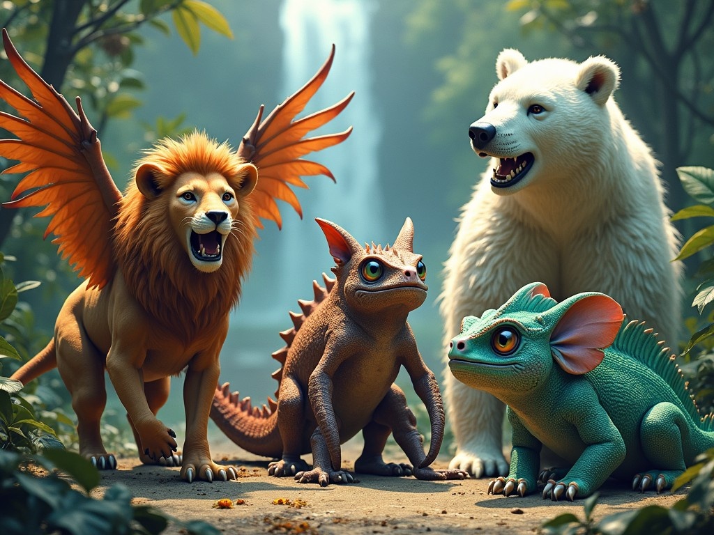 The image features a group of imaginative monsters that blend characteristics of real animals. Among them is a lion with majestic wings, a small, spiky creature resembling a cross between a lizard and a dragon, a playful yet curious green chameleon-like monster, and a friendly white bear. They stand together in a lush, realistic forest backdrop near a waterfall, surrounded by vibrant foliage. The scene is infused with a sense of wonder and adventure, inviting viewers to explore this fantastical world. Each creature exhibits unique traits, showcasing their whimsical design and personality.