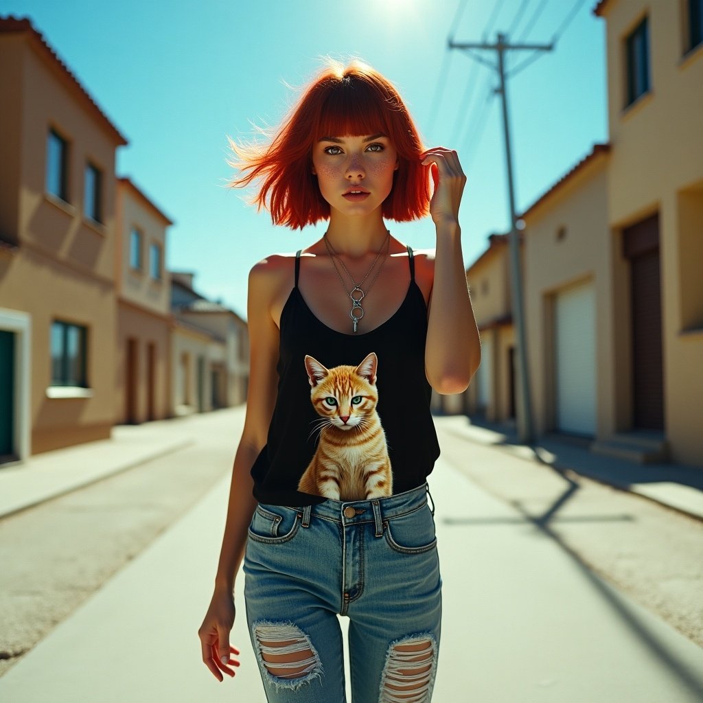 A woman walks down an urban alley. She has a red angled bob hairstyle. She wears ripped jeans and a black halter tank top with an angry cat print. Sunlight brightens half her face as she flips her hair confidently. The sky is clear blue.