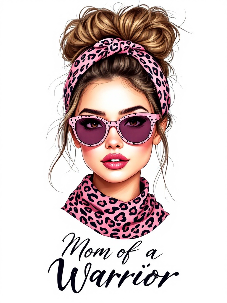 A stylish girl with a messy bun hairstyle. She wears a pink leopard patterned bandana and sunglasses. The depiction is isolated on a clean white background. Underneath are the words 'Mom of a Warrior' in a handwritten font.