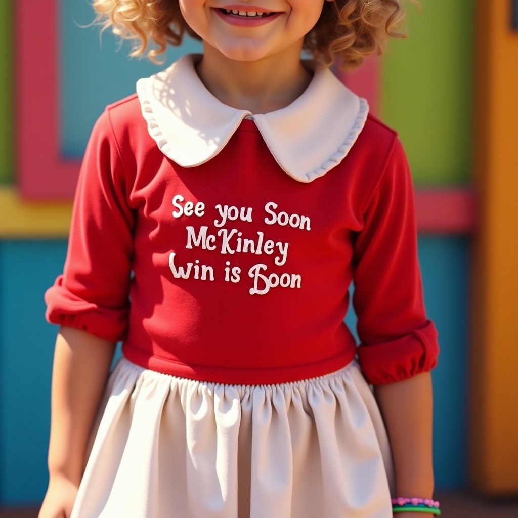 Child wearing a bright red outfit with a white collar and white skirt. The text 'See you Soon McKinley' is displayed on the outfit.