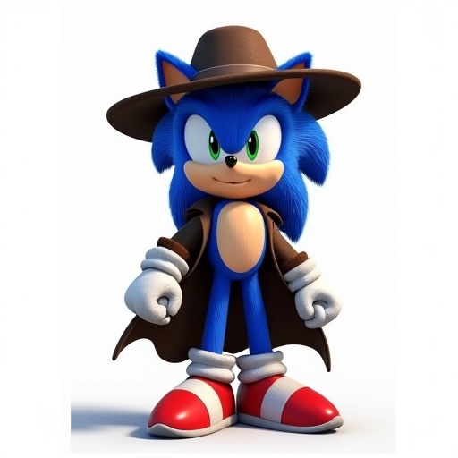 Sonic wears a wide-brimmed fedora hat and a duster coat. No background is present in the image.