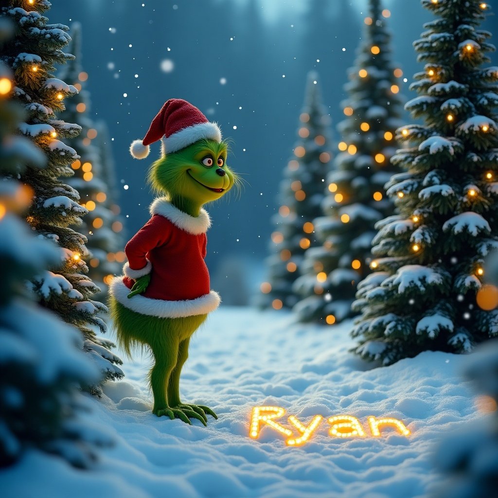 The Grinch stands in a snowy scene with Christmas trees. He wears a Santa hat and a red coat. He writes the name Ryan in the snow.