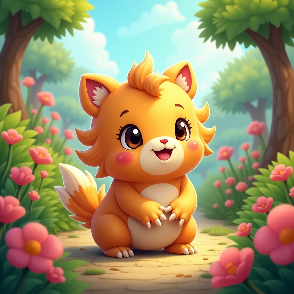 Create an adorable cartoon creature in a colorful fantasy-like garden. Emphasize vibrant colors and a whimsical atmosphere.