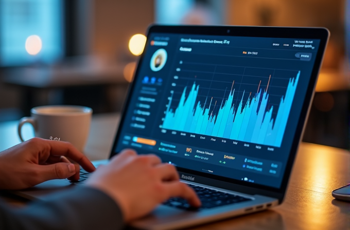 A person is using a laptop displaying a detailed, colorful graph of fluctuating data on a website dashboard.