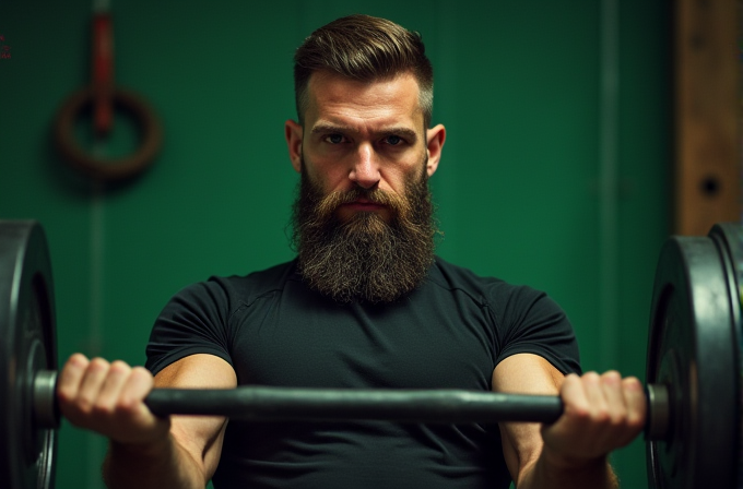 A man with a beard is lifting a barbell, focused and intense, against a green background.