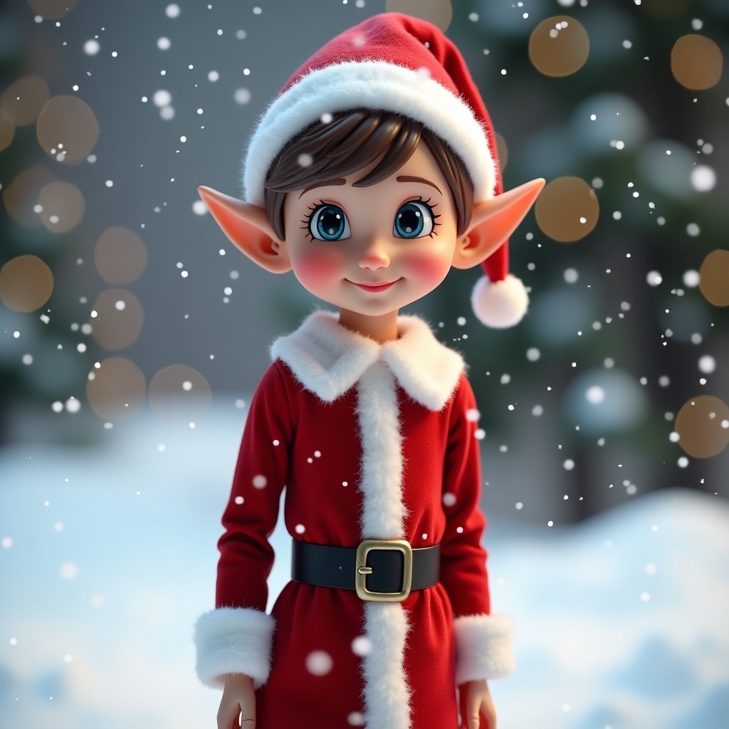 Elf in red and white outfit stands in snowy scene. Elf smiling. Background shows soft snow and twinkling lights.