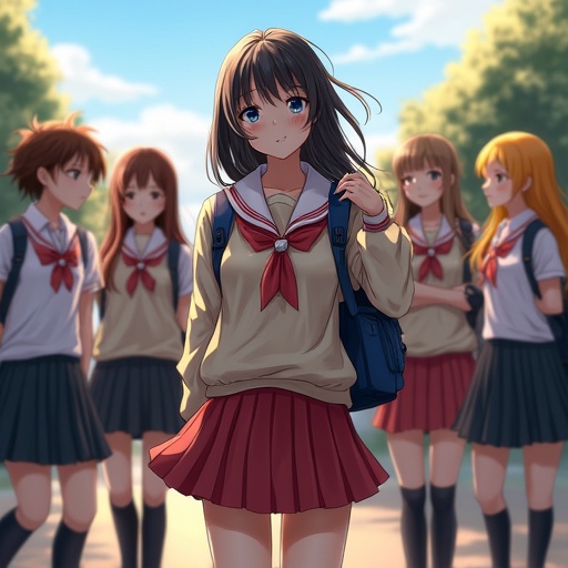 Six girls in school uniforms stand together on a path. They wear skirts and matching outfits. Some girls carry backpacks. The scene is bright and cheerful, embodying a sense of youth and camaraderie.