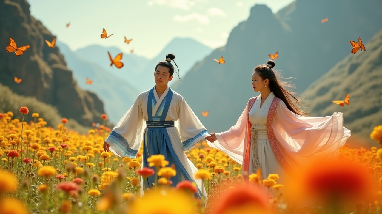 The image captures a serene moment in a colorful flower field, featuring two individuals in traditional folk attire, reminiscent of ancient China. The male figure wears a blue robe with elegant details, while the female figure is donned in a flowing pink dress, creating a harmonious blend of colors. Butterflies flutter around them, adding to the enchanting atmosphere. The backdrop features majestic mountains and a clear sky, enhancing the idyllic scenery. This scene evokes a sense of tranquility, romance, and connection to nature.