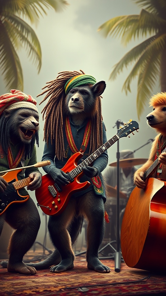 The image features anthropomorphic animals in a band, playing musical instruments under tropical palm trees. The central figure, a chimpanzee with dreadlocks and a reggae hat, passionately plays an electric guitar. Accompanying on either side are a hyena with a bass and a lion with a tambourine, also wearing casual reggae-themed attire, contributing to a lively, vibrant scene.