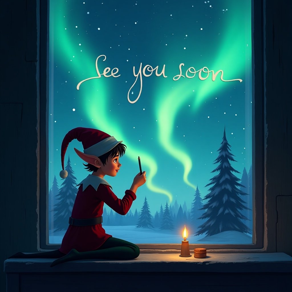 Elf on the shelf writes a message in the sky. Northern lights glow in the background. Cozy scene by a window. Childlike wonder and warmth.