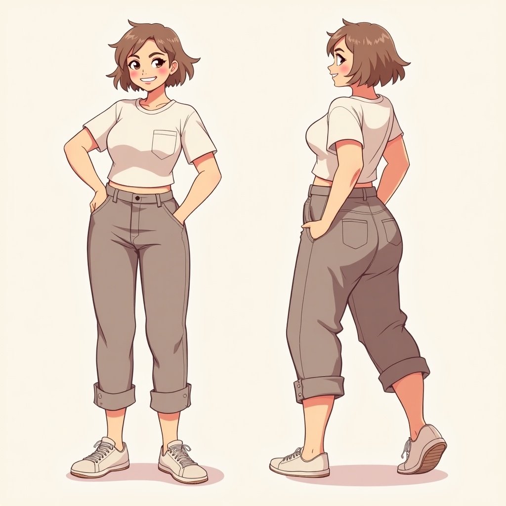 Illustration of a female character with a busty figure and short hair in a turnaround view. Character is wearing a casual t-shirt tucked into high-waisted pants with rolled cuffs.