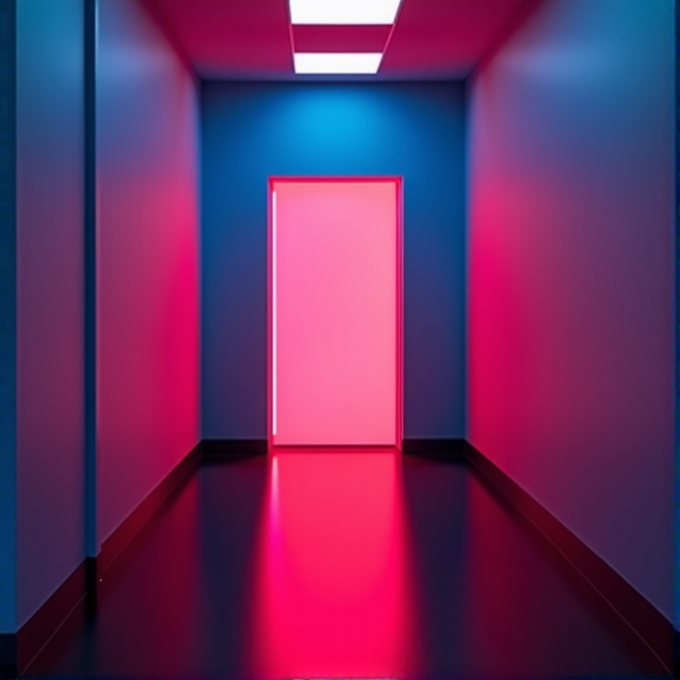 A dimly lit hallway featuring a vibrant, glowing door with pink light.