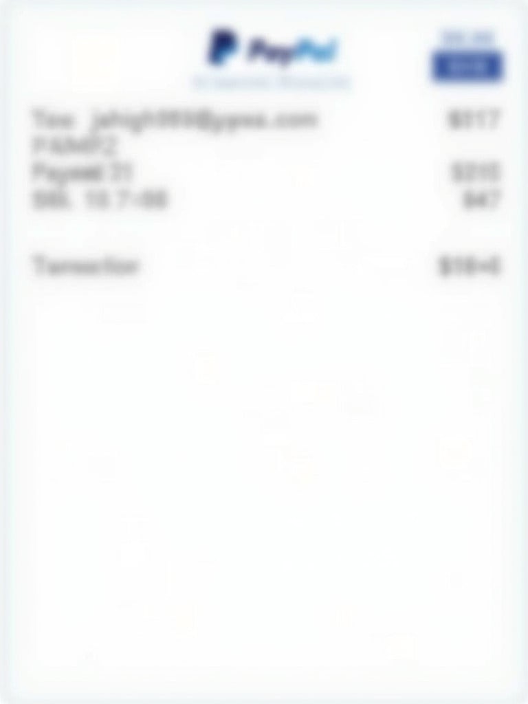 Blurred PayPal payment receipt showing transaction for 47 dollars to jahigh93@yahoo.com. Includes PayPal logo payer details transaction amount and transaction number. Clean design for online payments.