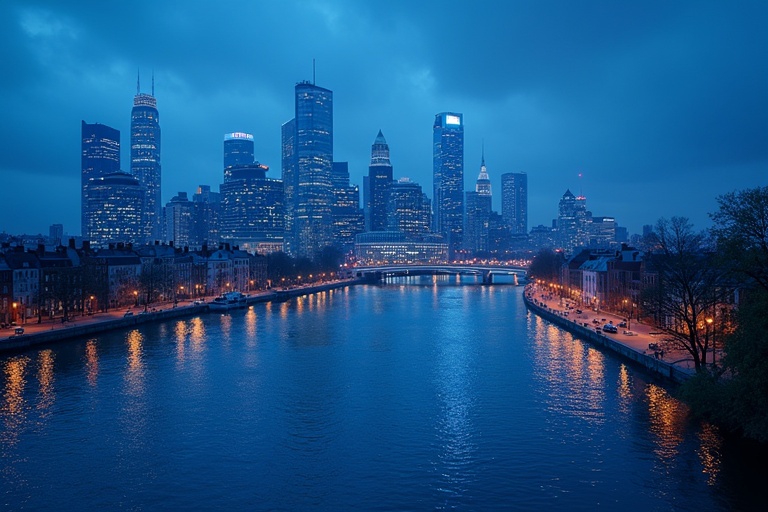 Capture the Philadelphia skyline at dusk showcasing blue tones. Focus on the river in the foreground. Emphasize wireless connections among buildings.