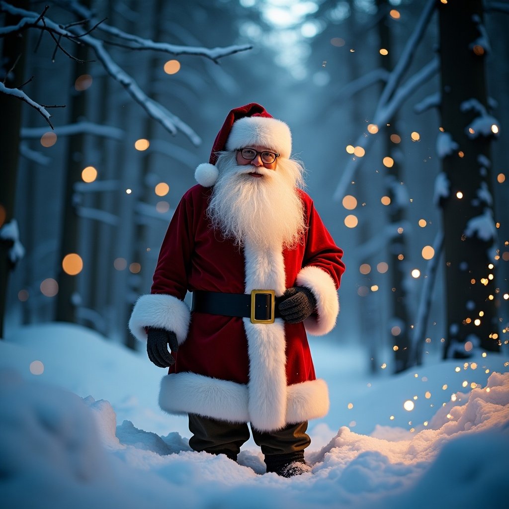 Santa Claus figure wears a red suit and stands in a snow-covered forest. Snowflakes fall around him sparkling under glowing lights. The names Callum and Nicholas are represented by glowing lights nearby. Surrounding trees are tall and covered in snow.