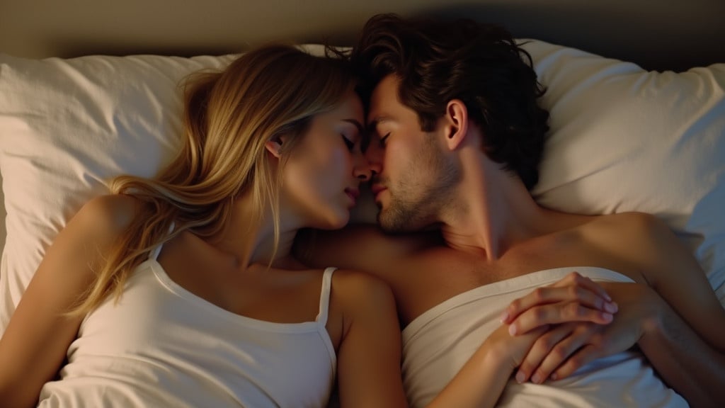 A couple lies in bed sharing a romantic kiss. The background features cozy layers of pillows and sheets. The couple appears relaxed and intimate. Warm lighting enhances the mood. Sarah and Jake, both 27 years old, embody a loving connection.