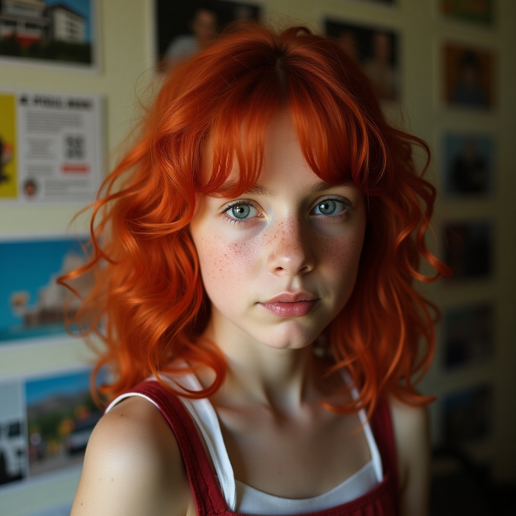 Close-up of a girl with striking red hair and freckles. Background consists of blurred text and images. Focus on the girl’s hair and complexion. Natural light creates a bright, inviting atmosphere.